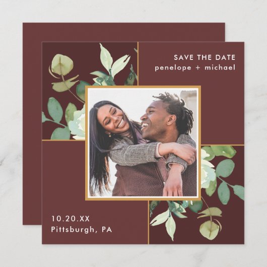 緑に囲まれた美しいバーガン結婚ディ セーブザデート (正面/裏面)