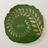 緑に対する金ゴールドに様式化されたカールしたスパイラルシダ ラウンドクッション (正面)