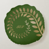 緑に対する金ゴールドに様式化されたカールしたスパイラルシダ ラウンドクッション (裏面)
