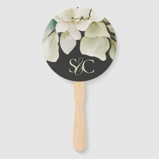 緑に染み付いたエレガントなウェディングモノグラムの葉 ハンドファン (正面)