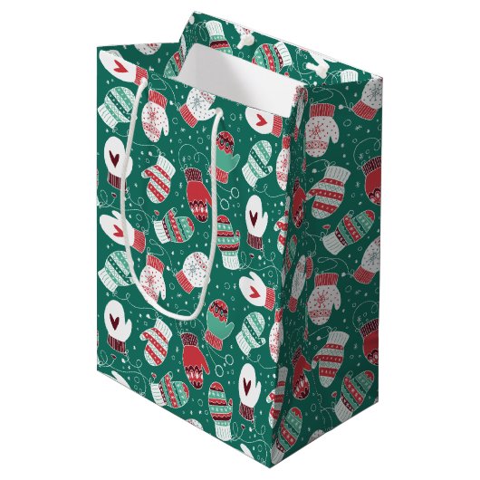 緑に染み込んだ冬のクリスマスミッテンス ミディアムペーパーバッグ (正面アングル)