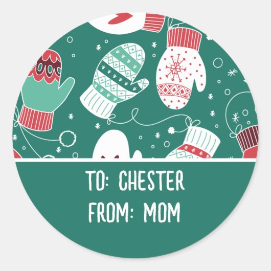 緑に染み込んだ冬のクリスマスミッテンス ラウンドシール (正面)