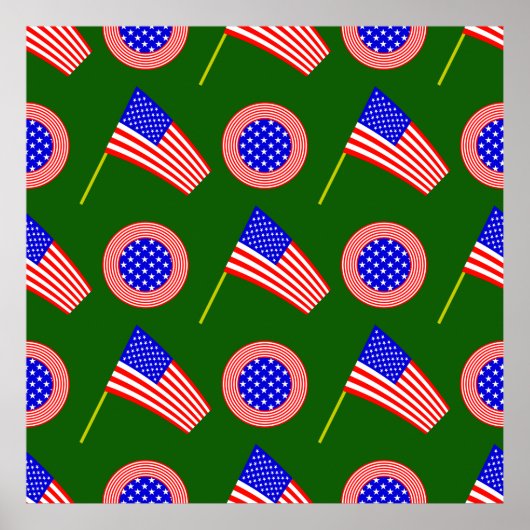緑に浮かぶ愛国的なアメリカ国旗の模様 ポスター (正面)