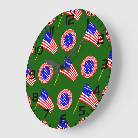 緑に浮かぶ愛国的なアメリカ国旗の模様 ラージ壁時計 (傾斜)
