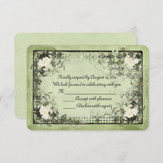 緑に白いバラ　黒のフレーム　出欠連絡お願いします 出欠カード (正面/裏面)