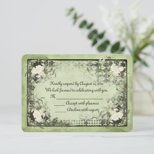 緑に白いバラ　黒のフレーム　出欠連絡お願いします 出欠カード (スタンド正面)