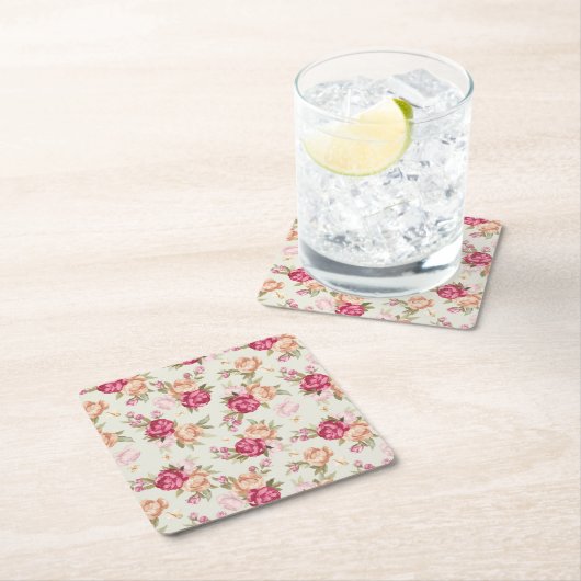 緑に美しい色の牡丹模様 スクエアペーパーコースター (インサイチュ)