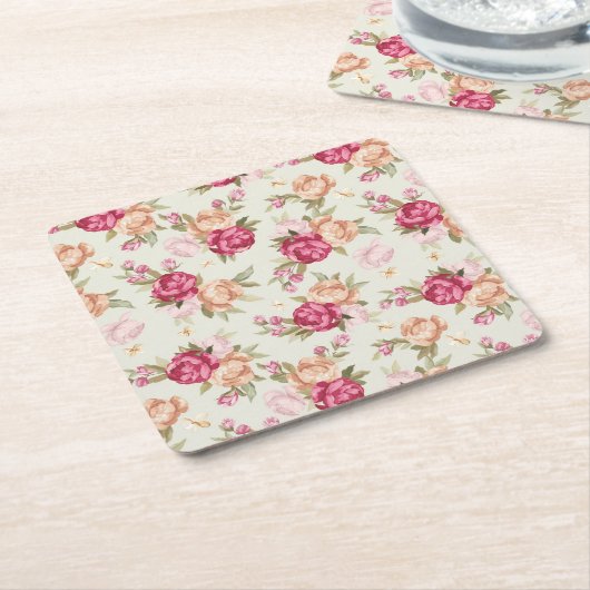 緑に美しい色の牡丹模様 スクエアペーパーコースター (アングル)