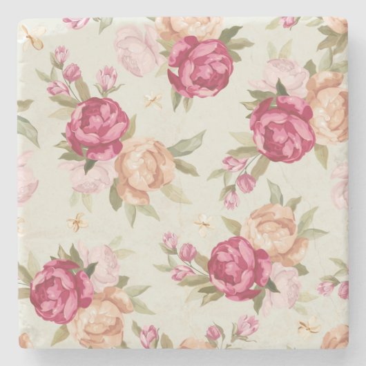 緑に美しい色の牡丹模様 ストーンコースター (正面)