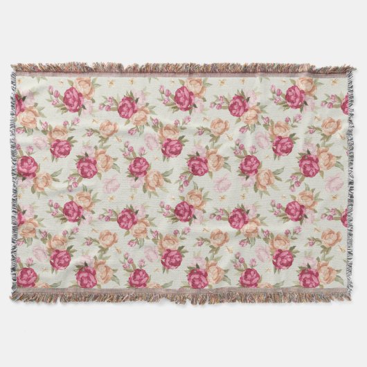 緑に美しい色の牡丹模様 スローブランケット (正面)