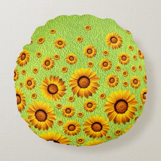 緑に美しい黄色い花抽象芸術 ラウンドクッション (正面)