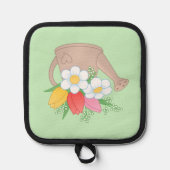 緑に花を植えた園散水缶 鍋敷き (正面)