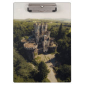 緑に覆われた森の背の高い灰色の石の城 クリップボード (正面)