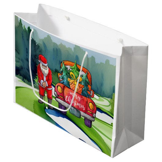 緑に赤いトラックを持つゴルフクリスマスサンタクロース ラージペーパーバッグ (正面アングル)