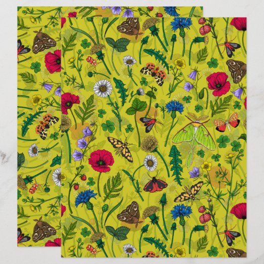 緑に野生の花と蛾 (正面/裏面)