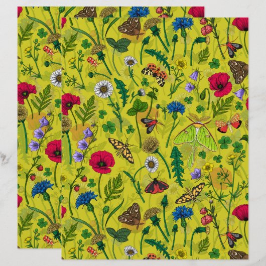 緑に野生の花と蛾 (正面/裏面)