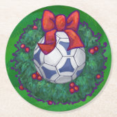 緑に青い白いフェスティバルサッカーボール ラウンドペーパーコースター (正面)