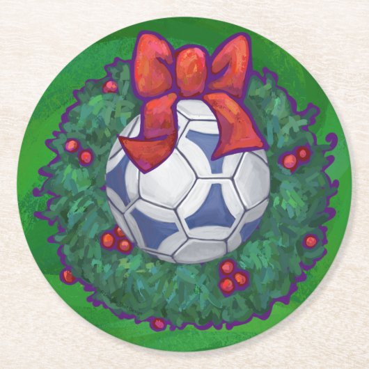緑に青い白いフェスティバルサッカーボール ラウンドペーパーコースター (正面)