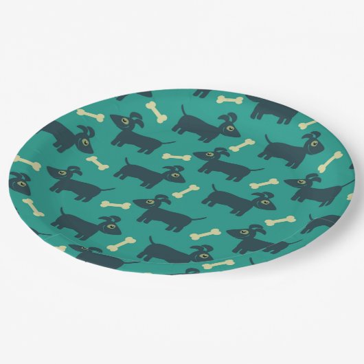 緑に骨が付いたかわいい犬のパターン ペーパープレート (アングル)