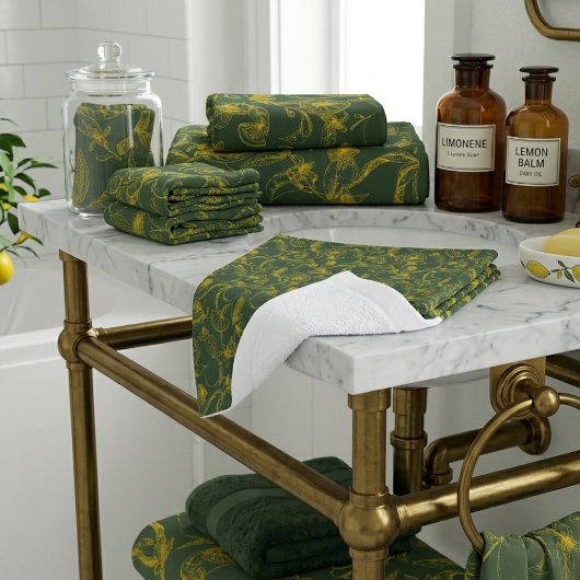 緑に黄色いレモンの手描き模様 ウォッシュタオル