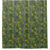 緑に黄色いレモンの手描き模様 シャワーカーテン (正面)