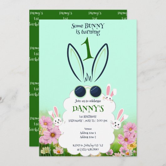緑のうさぎの花園 春 夏の誕生日 招待状 (正面/裏面)