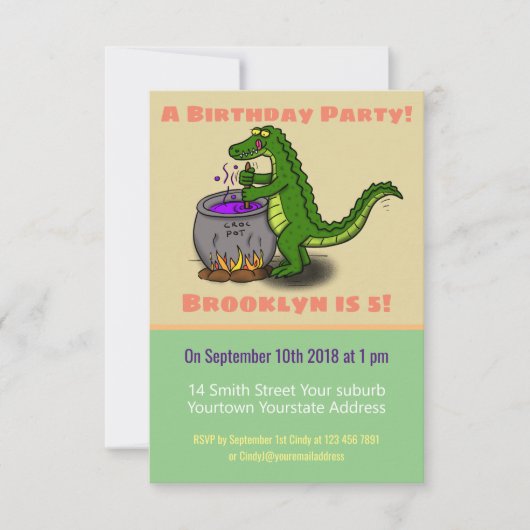 緑のおもしろいアリゲーター料理への招待 招待状 (正面)