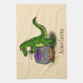 緑のおもしろいアリゲーター料理 キッチンタオル (縦)