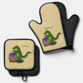 緑のおもしろいアリゲーター料理 鍋つかみ&鍋敷きセット (正面/裏面)