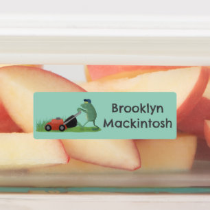 緑のおもしろいカエルの芝刈りパーソナライズされた漫画 ラベル