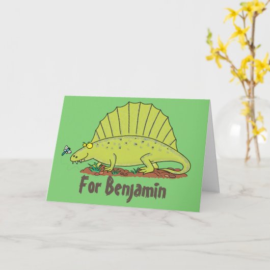 緑のおもしろいディメトロマンタックの恐竜の誕生日 カード (黄色い花)