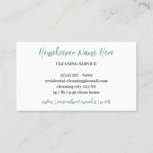 緑のおもしろい漫画の女性のクリーニング 名刺 (裏面)