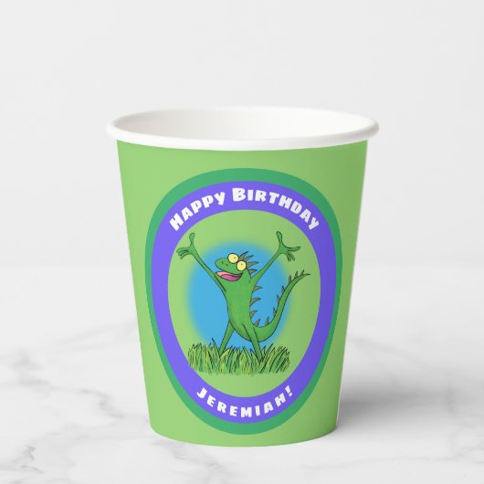 緑のおもしろい生き生きとしたイグアナの誕生日 紙コップ (裏面)