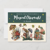 緑のお洒落キノコメリーとカエルのクリスマス シーズンカード (正面)