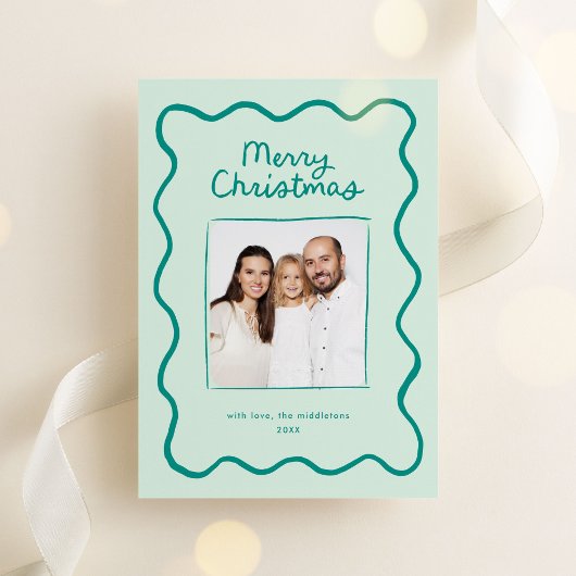 緑のお洒落ドードルウェーブフレームのクリスマスフォト シーズンカード