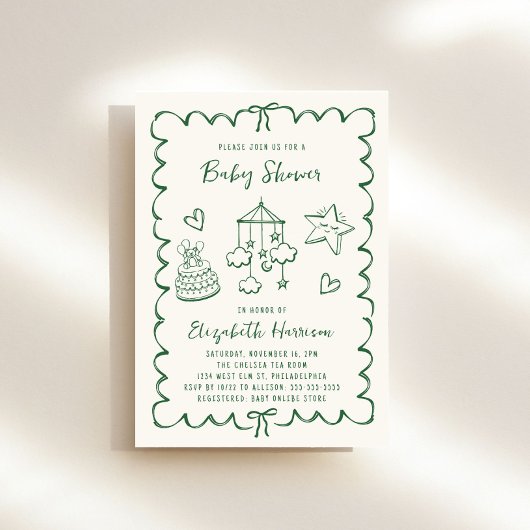 緑のお洒落波型フレームベビーシャワー 招待状