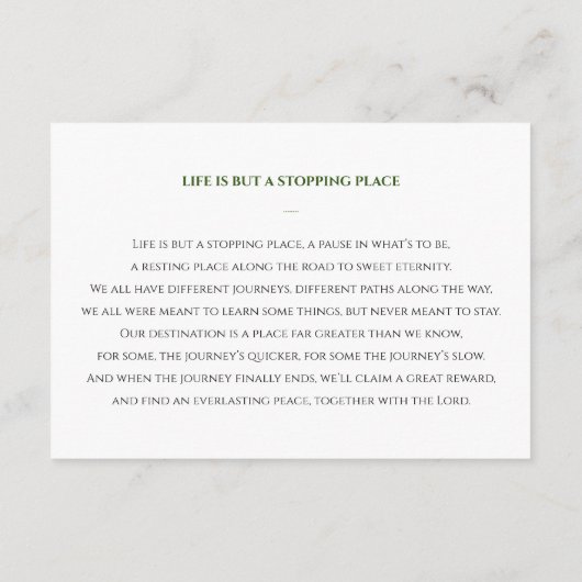 緑のお祝いのライフ祈りの言葉カードと写真 エンクロージャーカード (裏面)