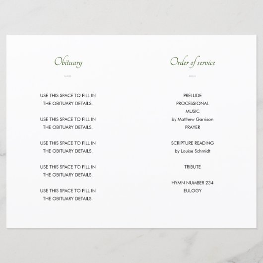 緑のお祝いのライフ葬式プログラムの写真 (裏面)