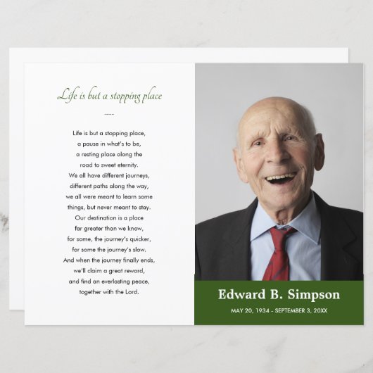 緑のお祝いのライフ葬式プログラムの写真 (正面/裏面)