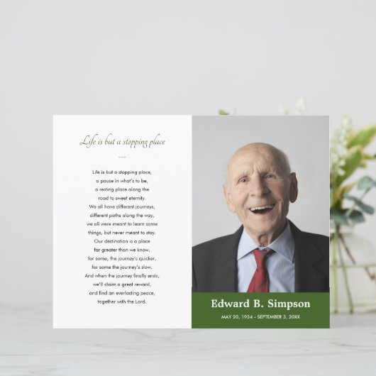 緑のお祝いのライフ葬式プログラムの写真 (スタンド正面)