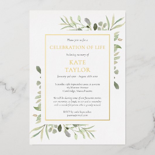 緑のお祝いライフ葬儀金ゴールド 箔招待状 (正面)