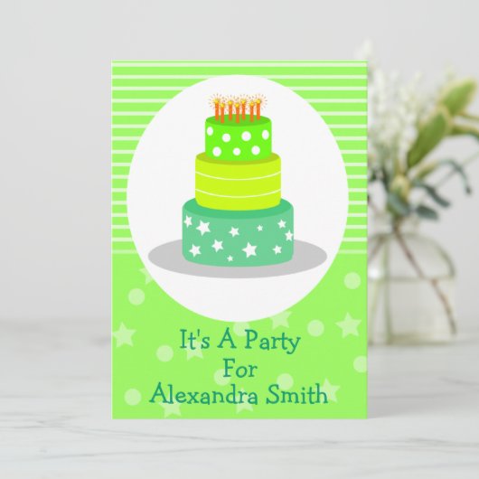 緑のお誕生日ケーキのバースデーパーティ招待状 招待状 (スタンド正面)
