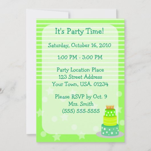 緑のお誕生日ケーキのバースデーパーティ招待状 招待状 (裏面)
