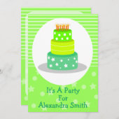緑のお誕生日ケーキのバースデーパーティ招待状 招待状 (正面/裏面)