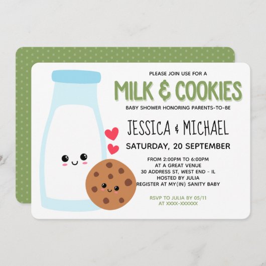 緑のかわいいかわいいミルクとクッキー赤ちゃんシャワー 招待状 (正面/裏面)