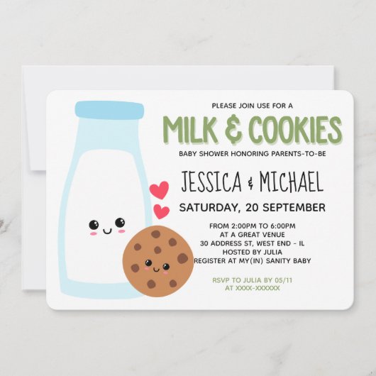 緑のかわいいかわいいミルクとクッキー赤ちゃんシャワー 招待状 (正面)