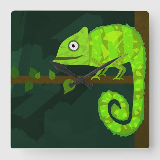 緑のかわいいカメレオン スクエア壁時計 (正面)