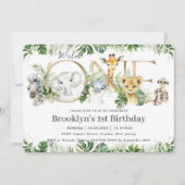 緑のかわいいジャングル動物ワイルドワンの誕生日 招待状 (正面)