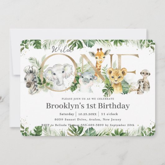 緑のかわいいジャングル動物ワイルドワンの誕生日 招待状 (正面)