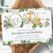緑のかわいいジャングル動物ワイルドワンの誕生日 招待状